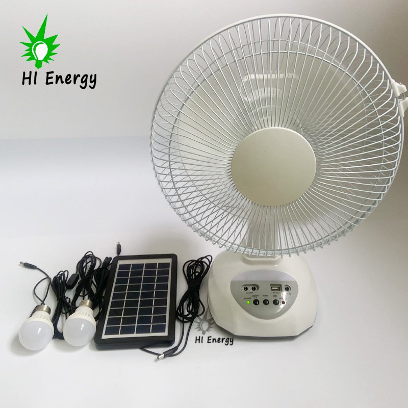 12Inch Rechargeable Home Solar Powered Electric Fan With Solar Panel and Light Bulb