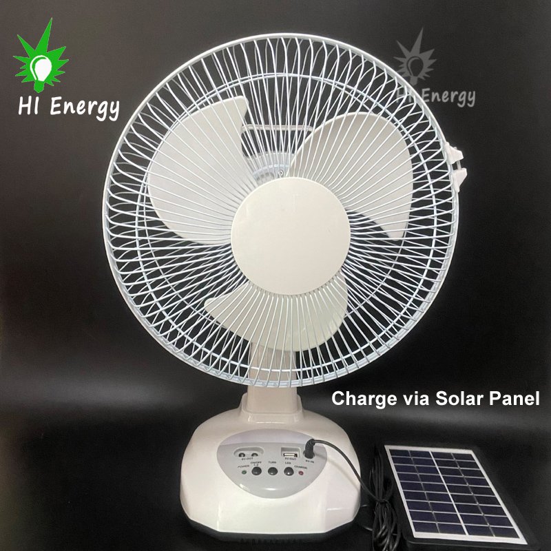 12Inch Rechargeable Home Solar Powered Electric Fan With Solar Panel and Light Bulb