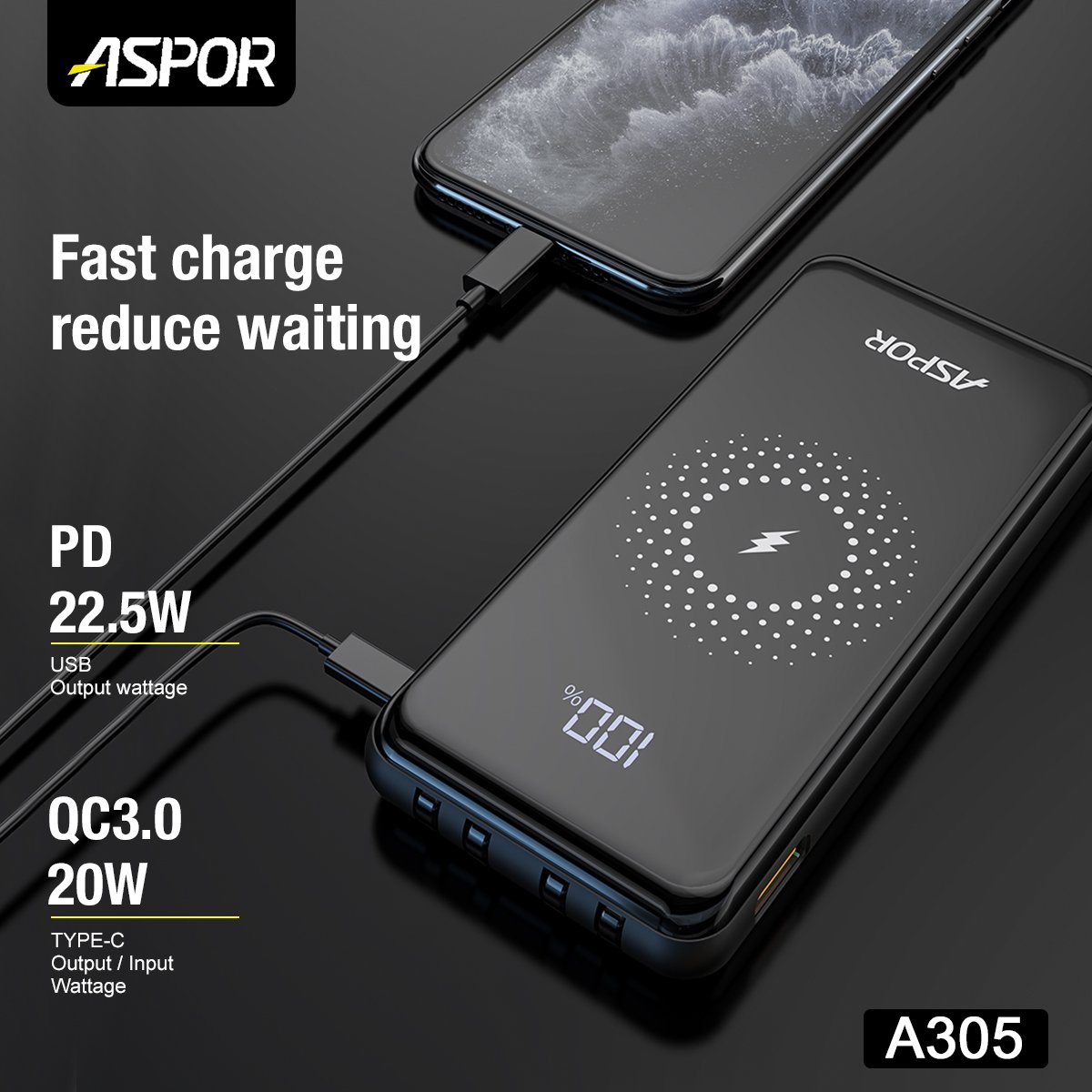 Aspor 10000mah Lcd Display Phone Power Bank With Led Display Built In Cable Cheapest Power Bank For Wireless Charging Outdoor
