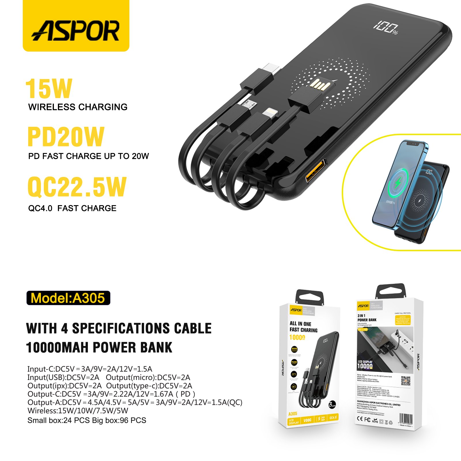 Aspor 10000mah Lcd Display Phone Power Bank With Led Display Built In Cable Cheapest Power Bank For Wireless Charging Outdoor