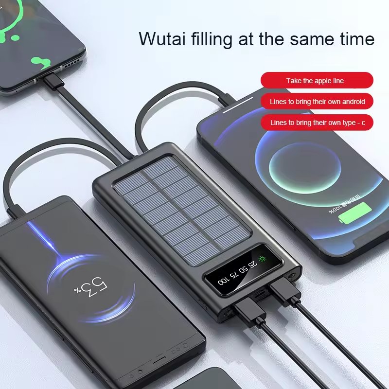 Solar Charger Power Bank Built In 4 USB Cables Waterproof 20000mah Mobile Solar Power Bank Charger