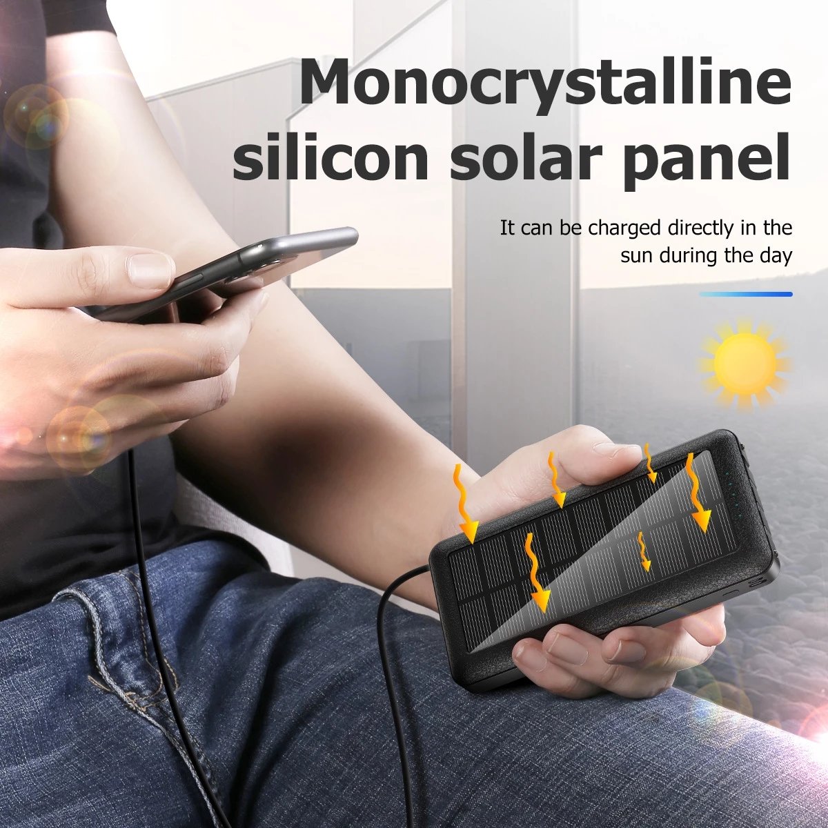 Solar Charger Power Bank Built In 4 USB Cables Waterproof 20000mah Mobile Solar Power Bank Charger