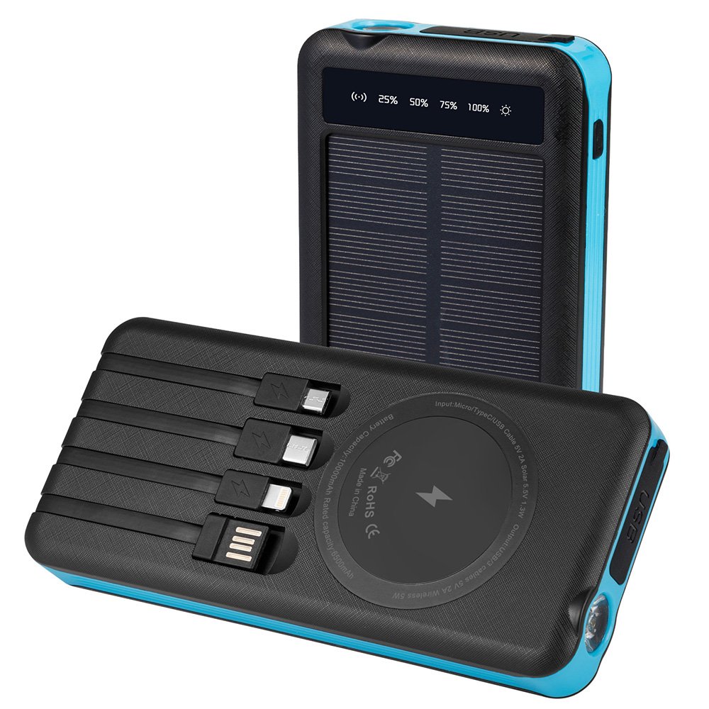 2024 New Solar Power Bank Hot Trending 10000mAh Double USB Ultra Slim Electronics Portable Charge Flashlight Built In 4-1 Cable