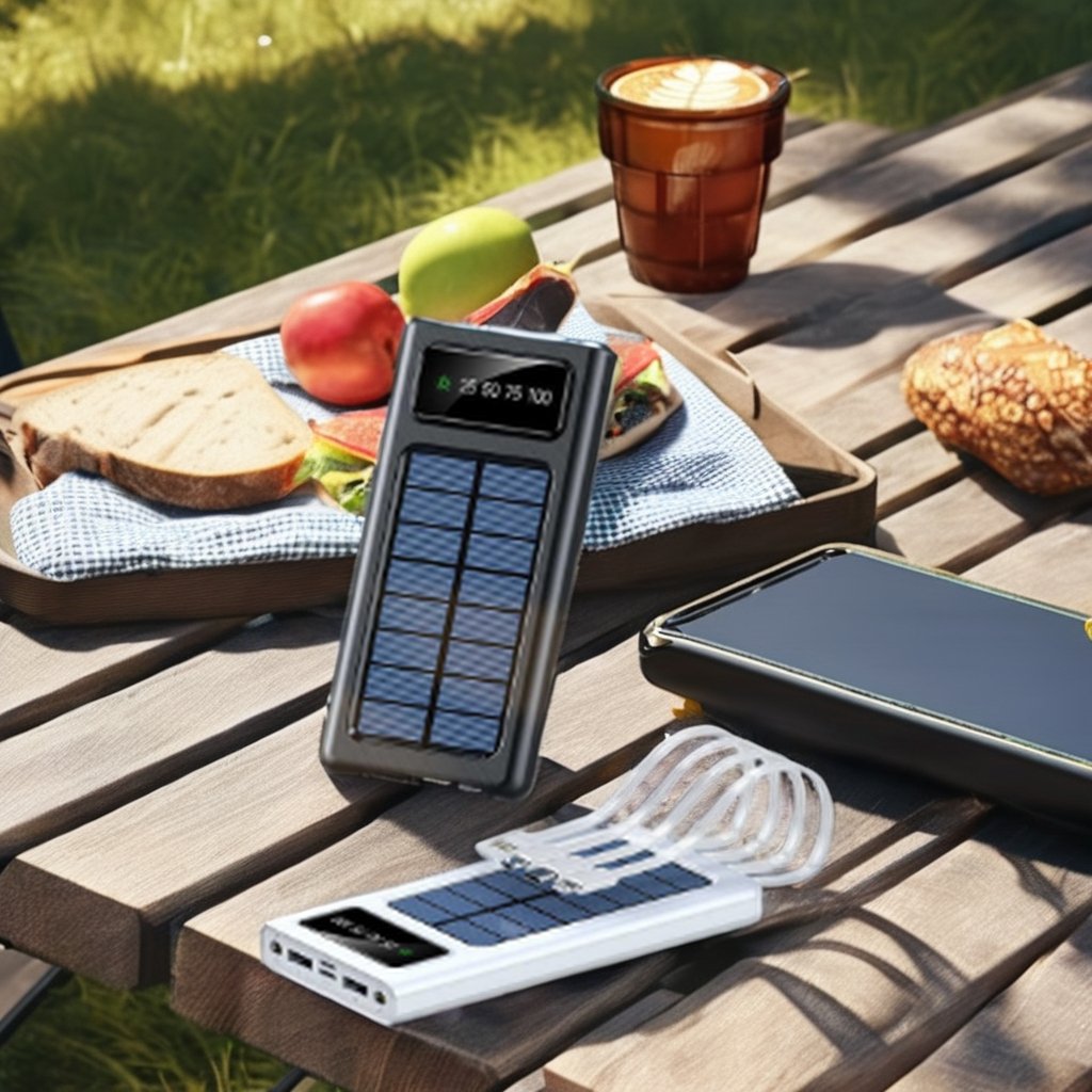 OEM 10000mah portable powered Solar power bank 4 cables Android Type-c Double Ports Large Capacity Mobile Powerbanks