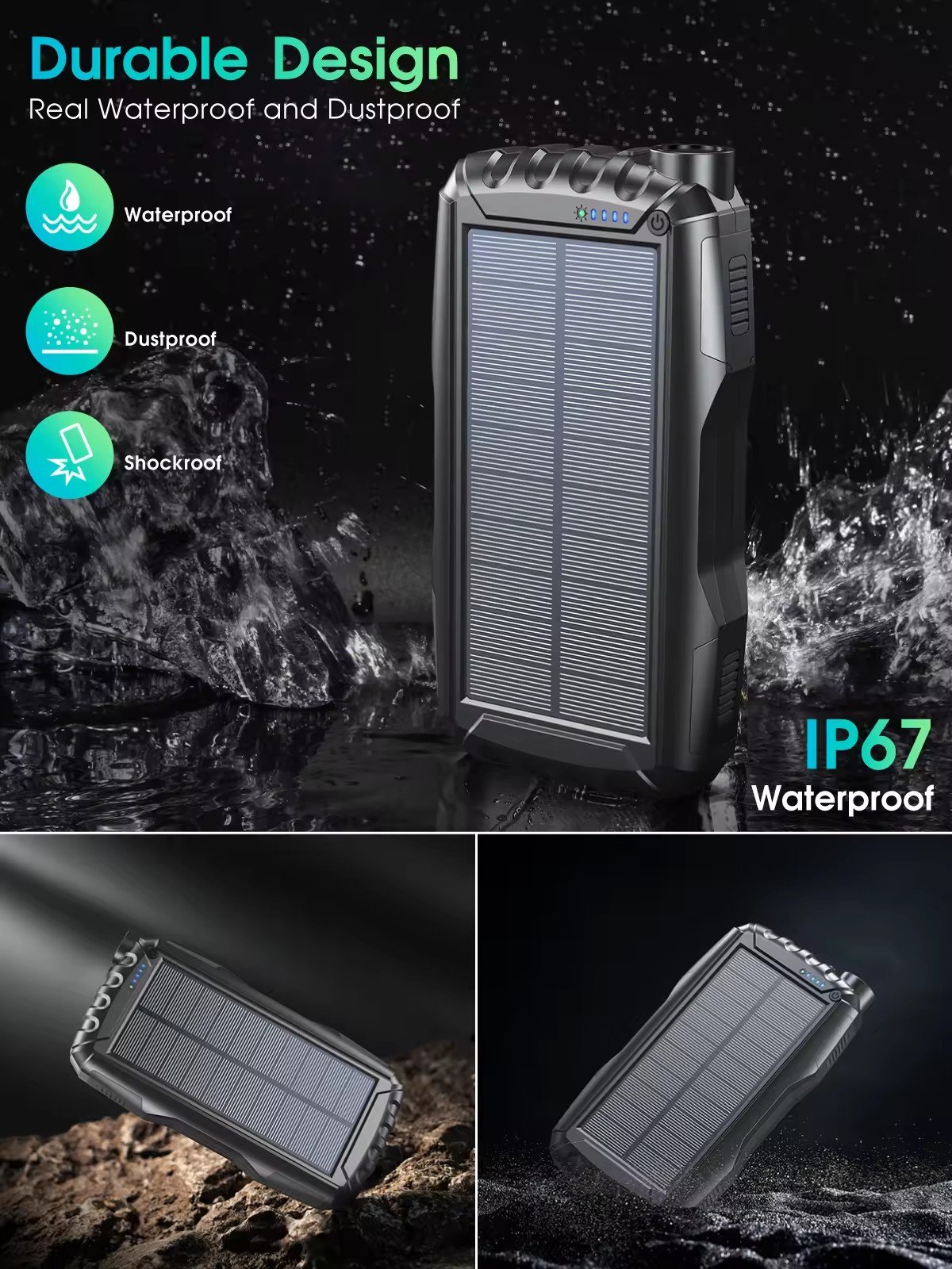 Solar Charger 20000mAh Solar Power Bank with Dual 5V2.1A Outputs Waterproof Built-in Bright Flashlights