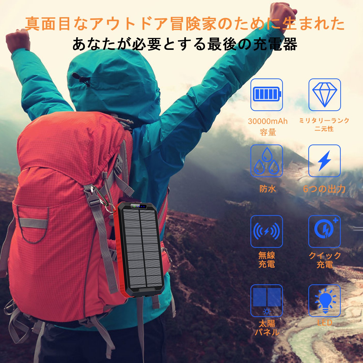 Solar Power Bank Dual USB Power Bank 20000mAh Waterproof Battery Charger External Portable Solar Panel 30000mah with LED Light