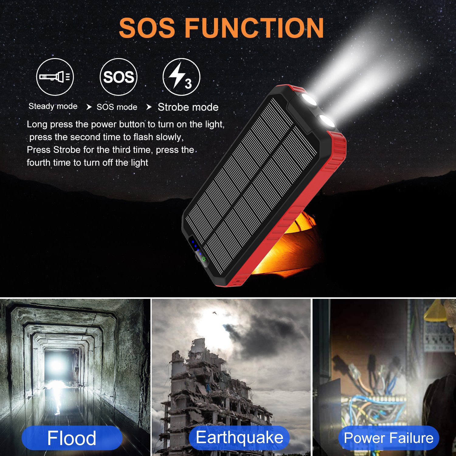 Solar Power Bank Dual USB Power Bank 20000mAh Waterproof Battery Charger External Portable Solar Panel 30000mah with LED Light