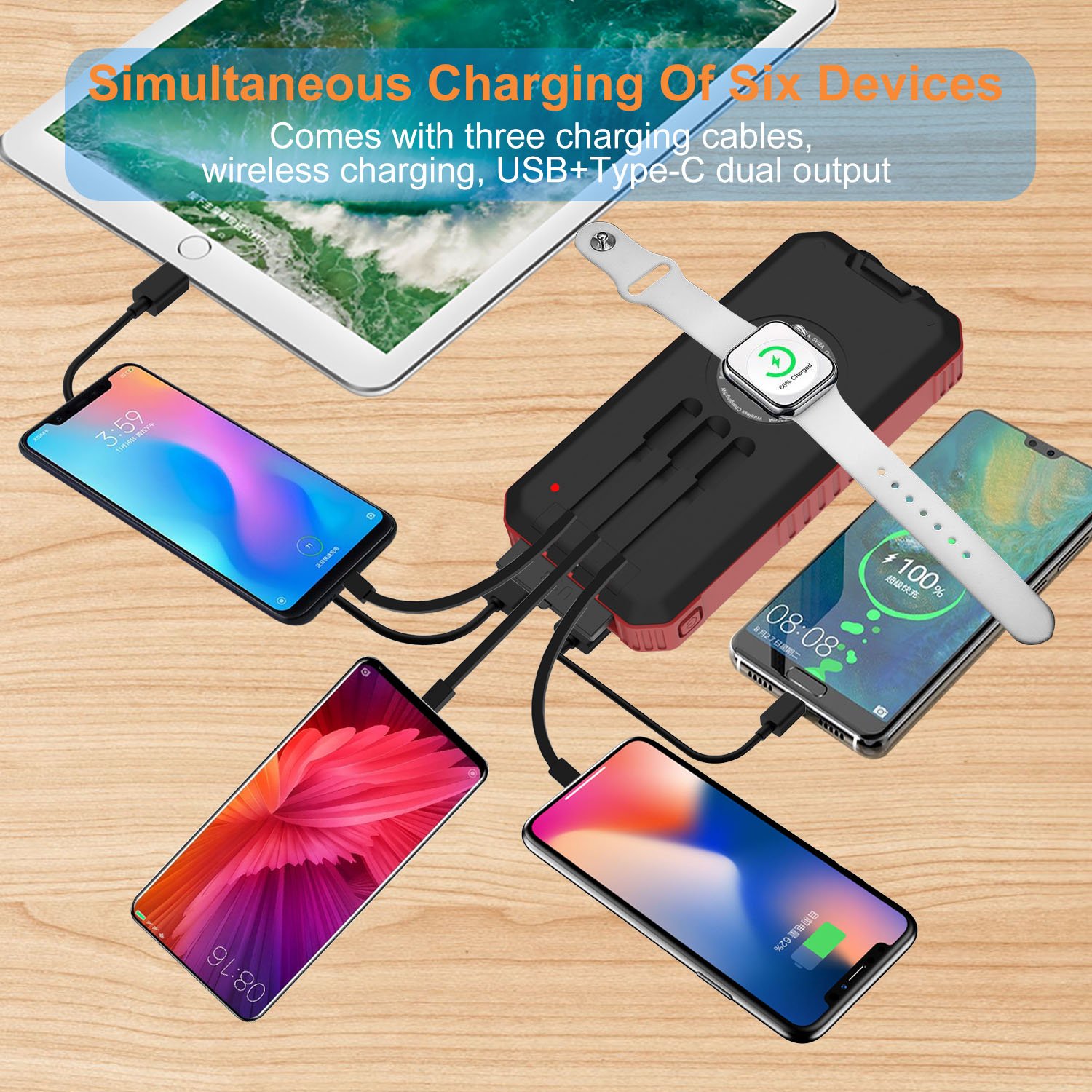 Solar Power Bank Dual USB Power Bank 20000mAh Waterproof Battery Charger External Portable Solar Panel 30000mah with LED Light