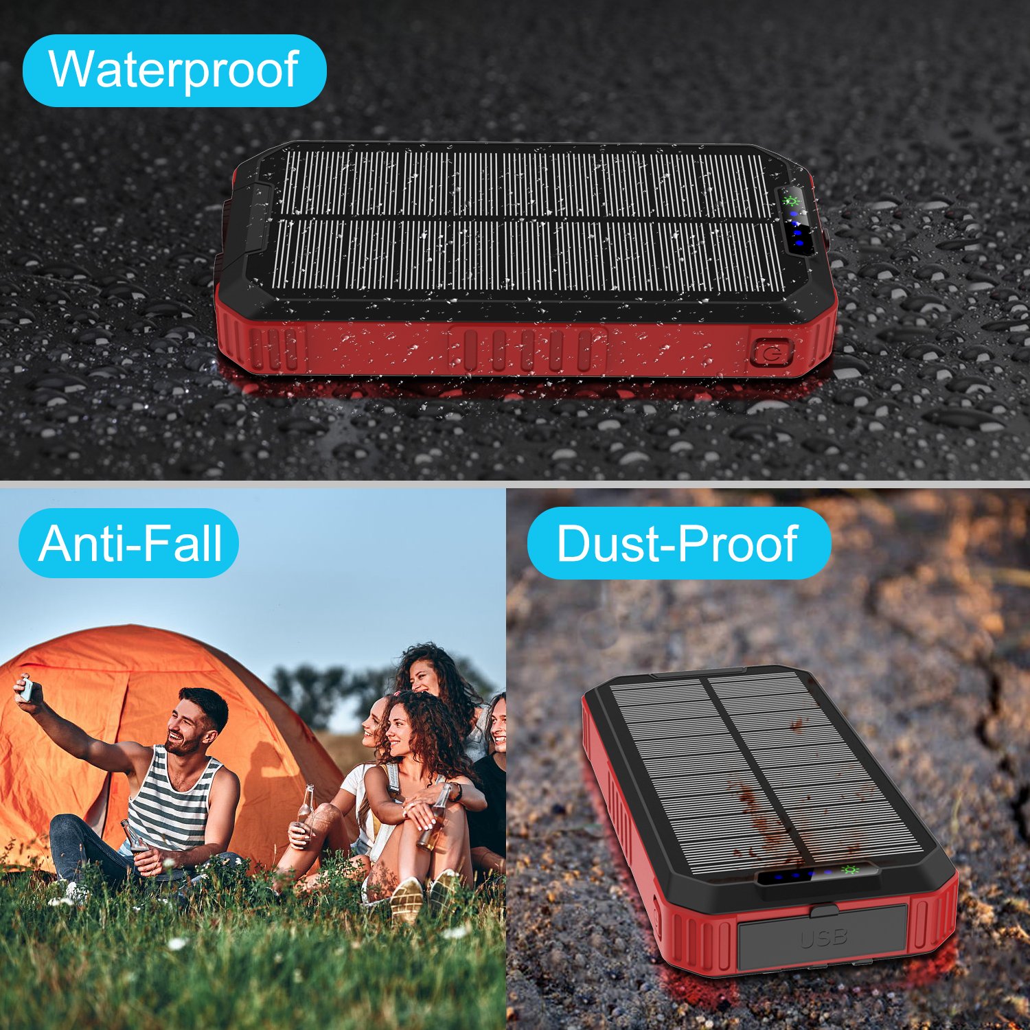 Solar Power Bank Dual USB Power Bank 20000mAh Waterproof Battery Charger External Portable Solar Panel 30000mah with LED Light