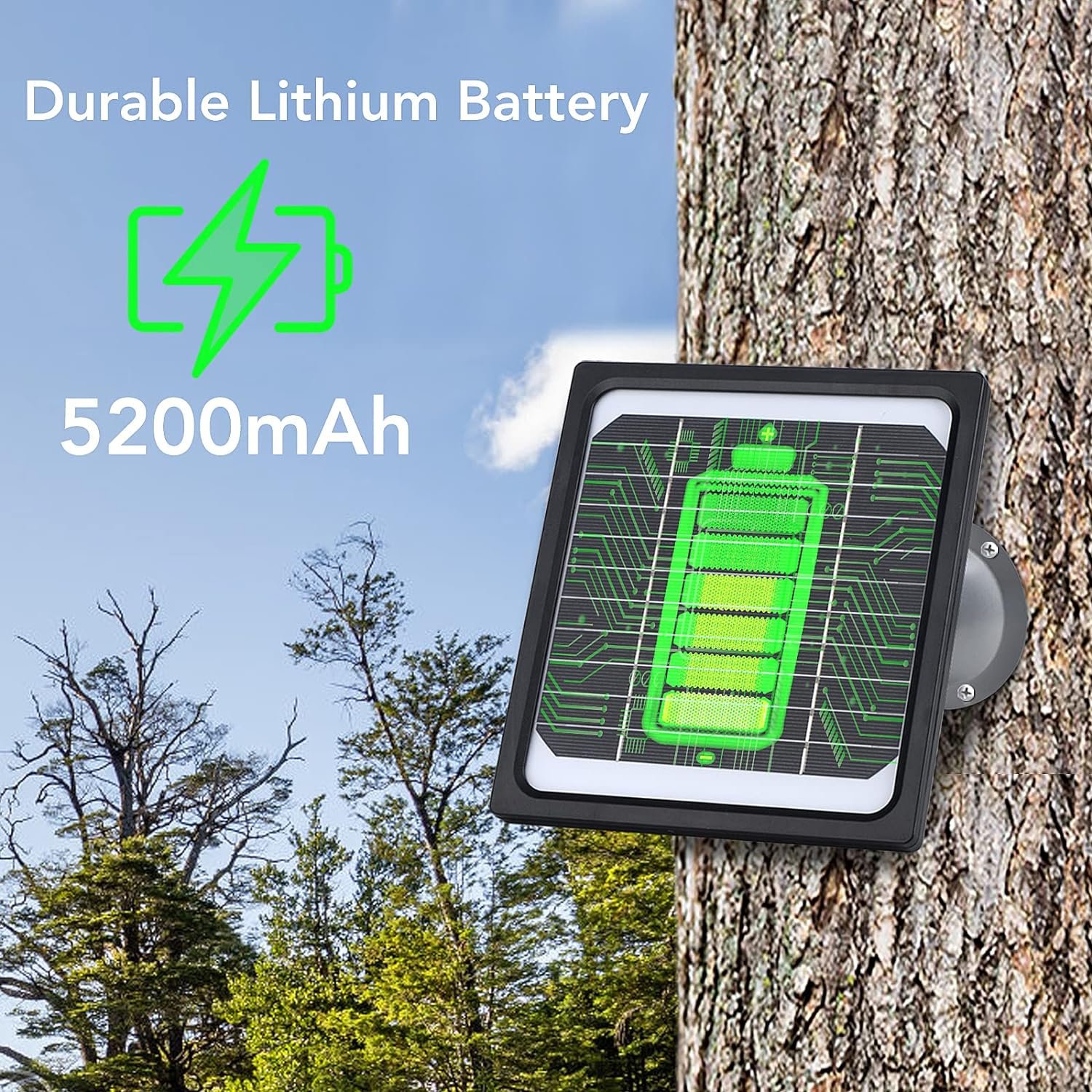 Solar Panel Kit for Trail Cameras, Built-in 5200mAh Rechargeable Battery, Hunting Accessories, Camera Traps, 12V, 5W