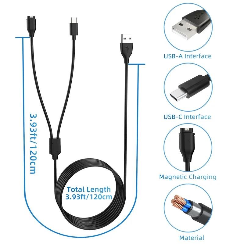 2-in-1 Charger Cable for Garmin Smart watch & Phone USB Charging Cable with USB-C for Phones Tablets Earphones Multiple Devices