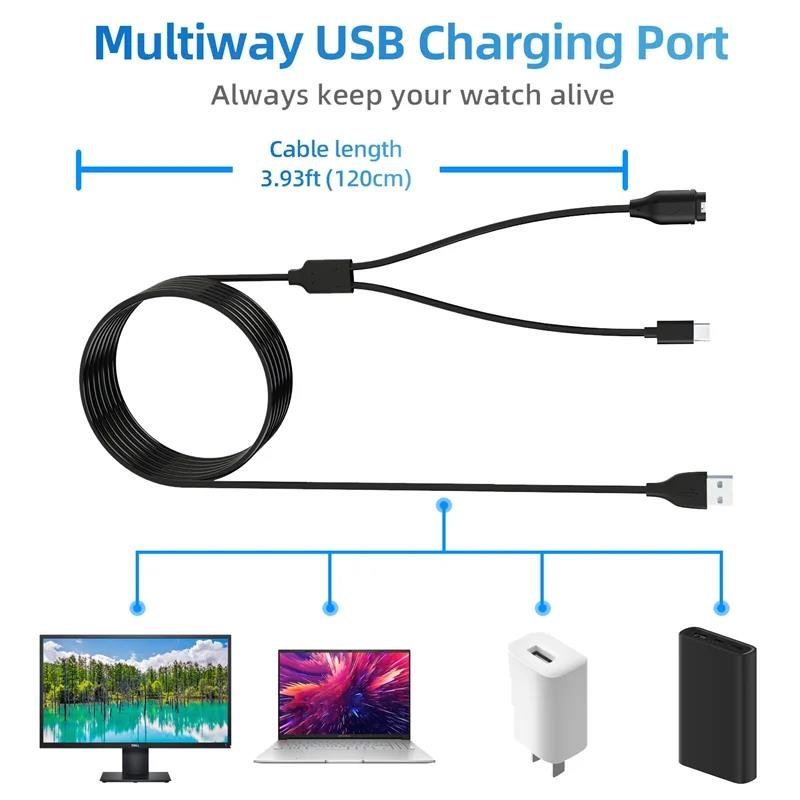 2-in-1 Charger Cable for Garmin Smart watch & Phone USB Charging Cable with USB-C for Phones Tablets Earphones Multiple Devices