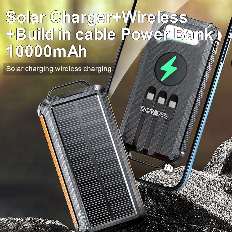Custom Logo Solar Charger Anti-Slip Dustproof Waterproof Solar Charging Wireless Charging 10000mAh Solar Power Bank With Cables