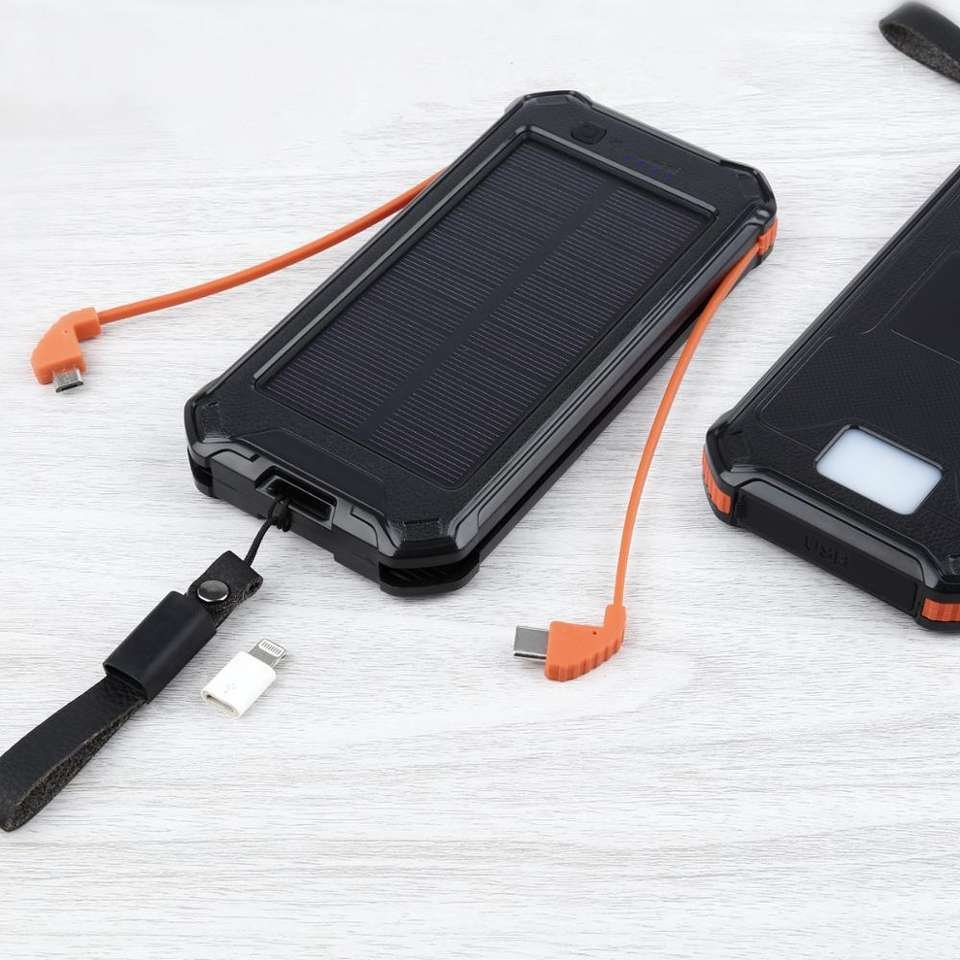New Built in Cable 10000mah Powerbank with 2 Cables for All Phone, Solar Power Bank 3in1 Portable Solar Phone Charger Led Light