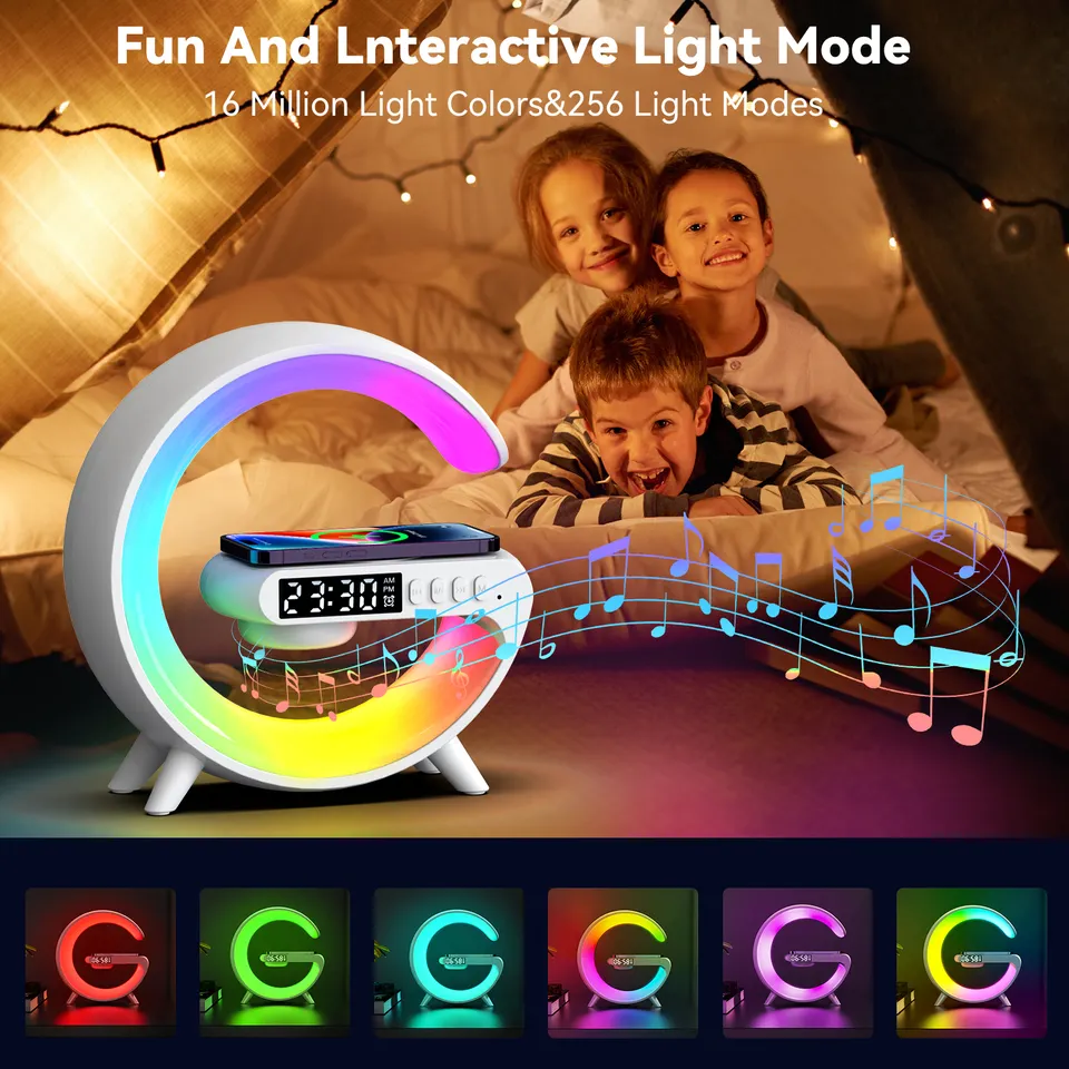New Wireless Fast Charger with Blue Tooth Speaker Smart Alarm Clocks Sound Light Desk Table Lamp Gift Night for Dorm Kids Adults