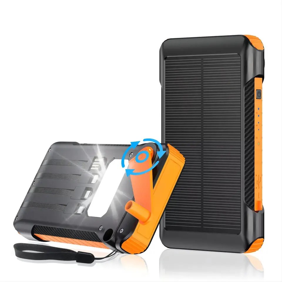 2024 Versatile Solar Power Bank 20000mAh Capacity Waterproof with LED Flashlight Built-in Cable and Hand Crank Power Generation