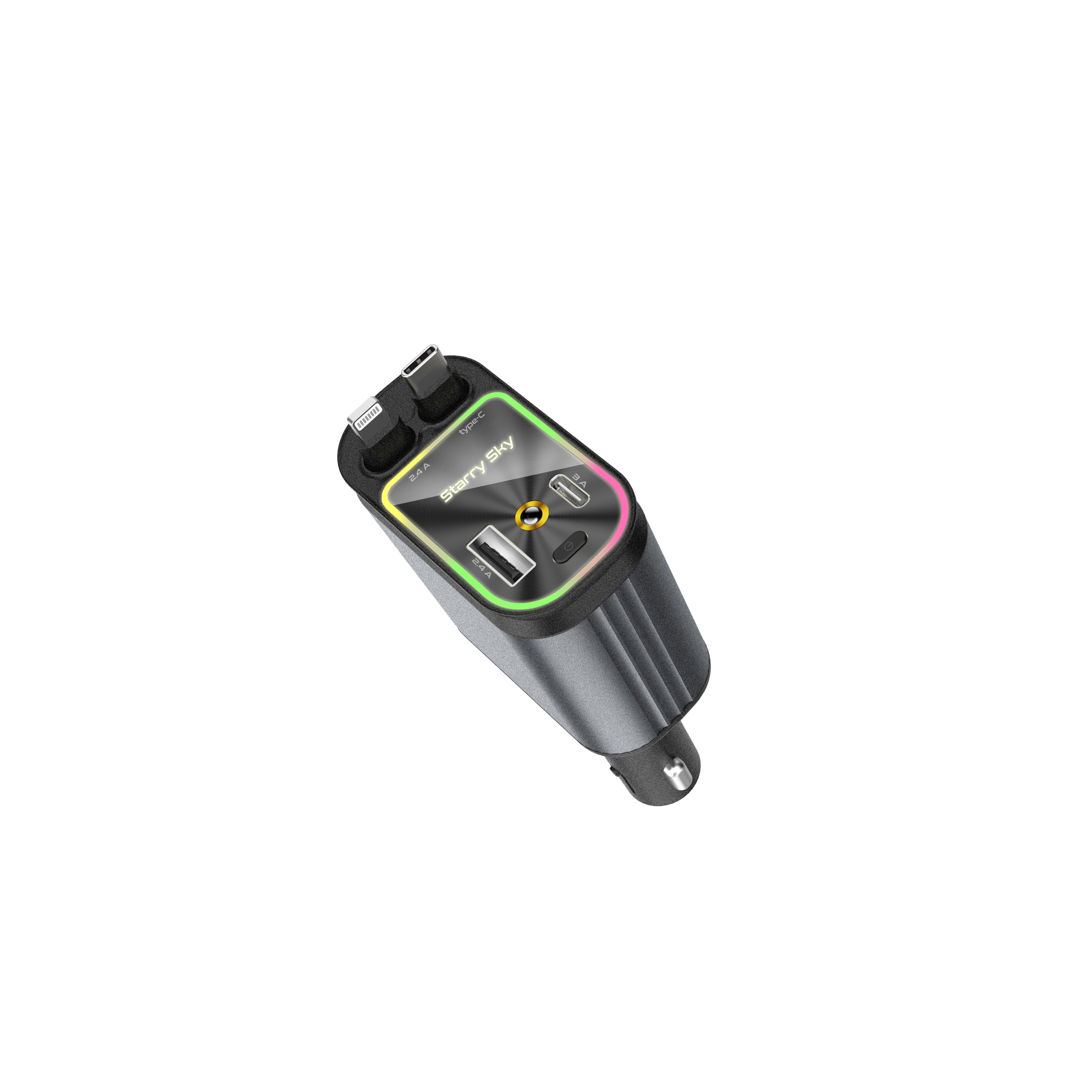 Fast Charging Car Charger with Retractable Cables and USB C Ports for All Phone Super With Starry Sky Light