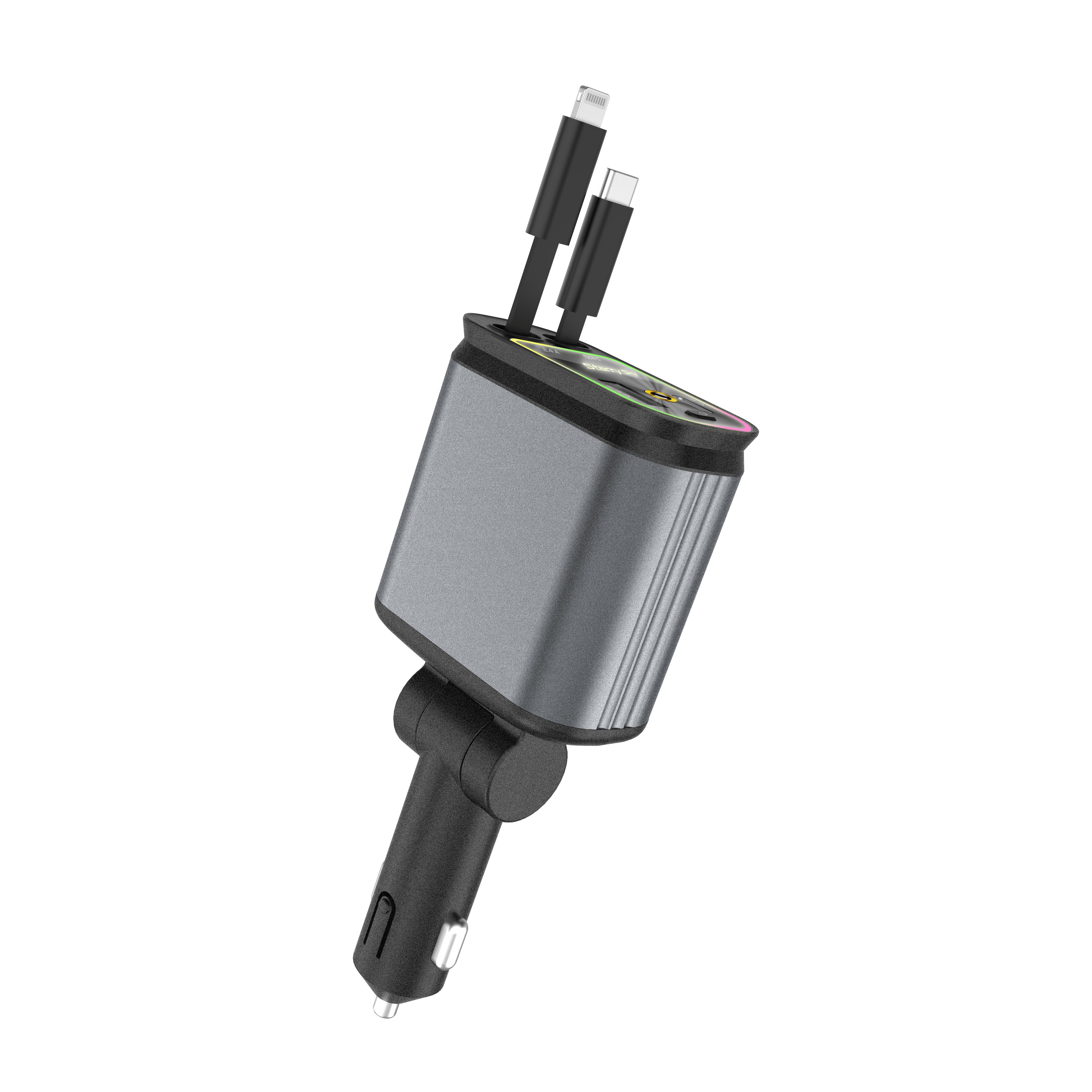 Fast Charging Car Charger with Retractable Cables and USB C Ports for All Phone Super With Starry Sky Light