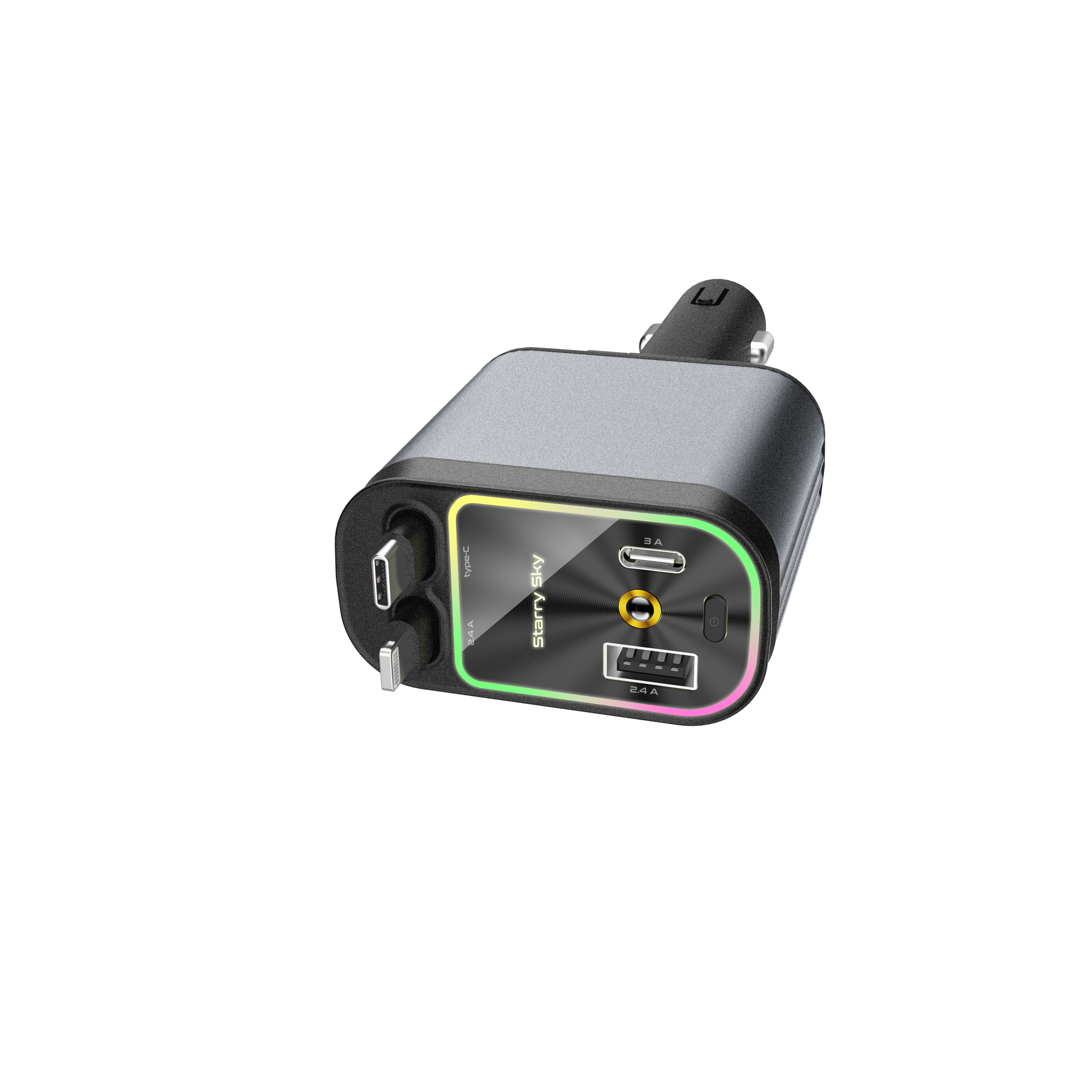 Fast Charging Car Charger with Retractable Cables and USB C Ports for All Phone Super With Starry Sky Light