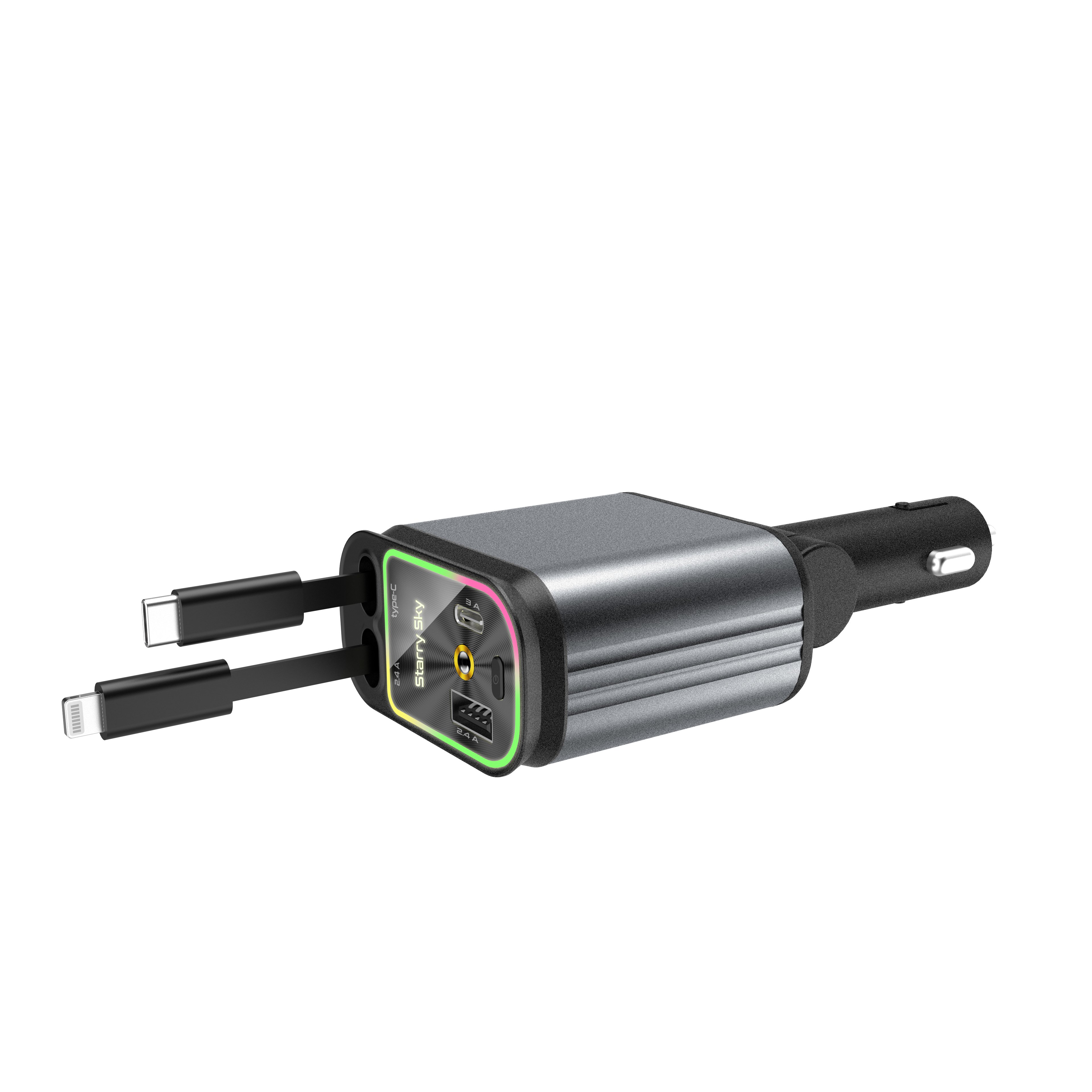 Fast Charging Car Charger with Retractable Cables and USB C Ports for All Phone Super With Starry Sky Light