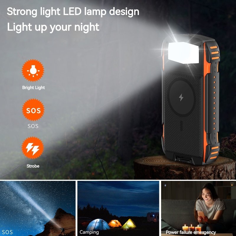 Fast Charging 30000 mAh Outdoor Portable Solar Charger With Led Lights 30000mAh Power bank Solar Wireless Power Bank