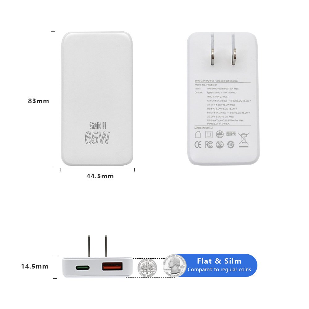 CE ROSH Certification Power Charger 65W GaN USB C Charger 2 Port Flat USB Wall Charger Foldable Plug For Travel For Travel