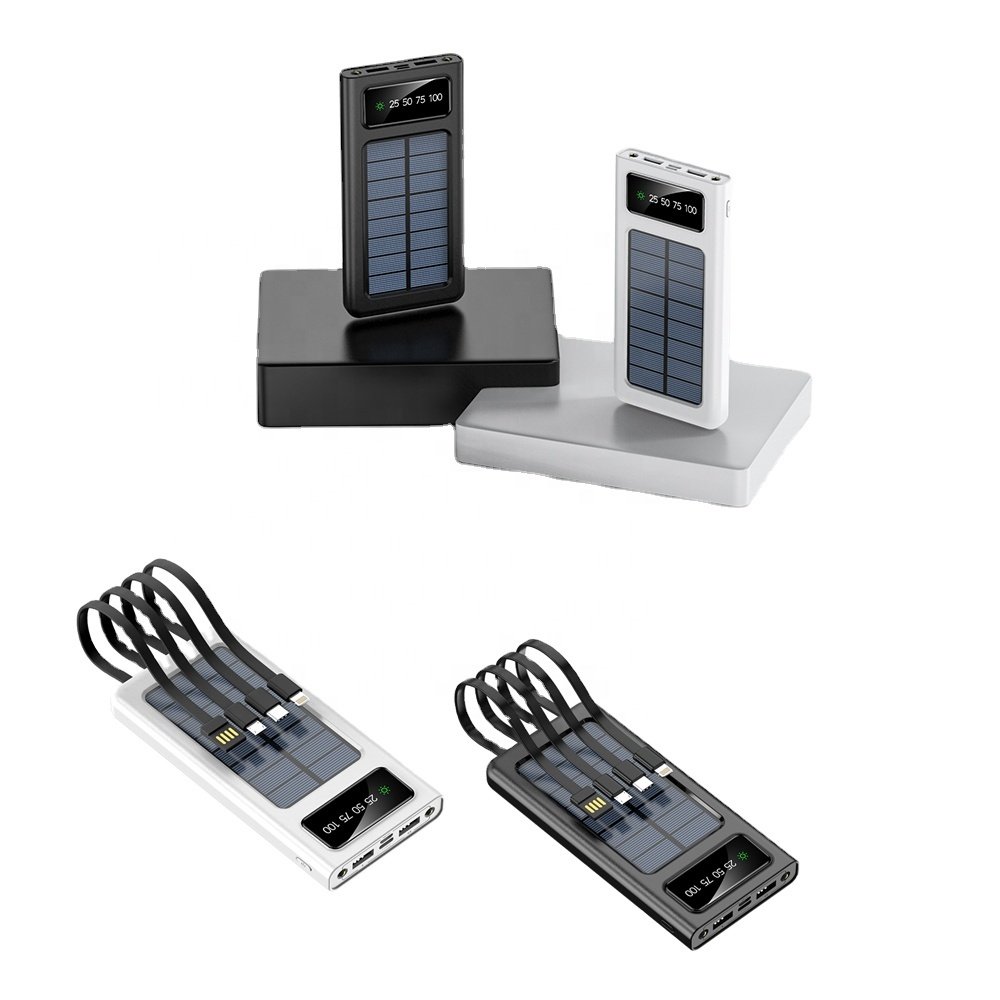 Solar Power Bank Charger Built in cable Fast charging 10000mAh 20000mah Mobile Powerbank energy with LED light