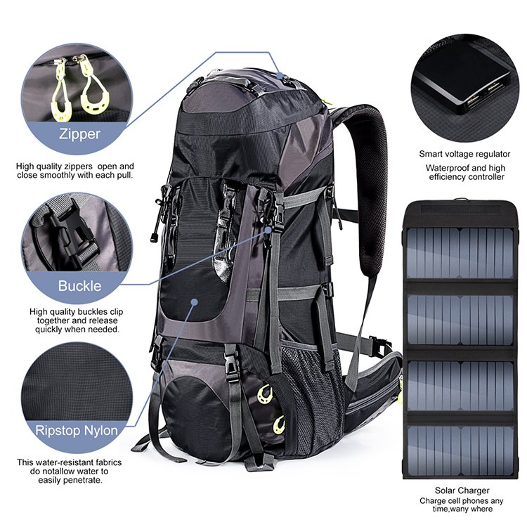 Slocable custom wholesale stylish cheap price 70L zipper solar panel bag solar charger backpack for travel camping