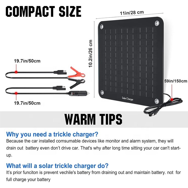 10W Solar Car Battery Charger Maintainer 12V Waterproof Solar Panel Portable Solar Trickle Charger