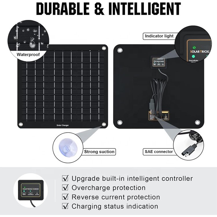 10W Solar Car Battery Charger Maintainer 12V Waterproof Solar Panel Portable Solar Trickle Charger