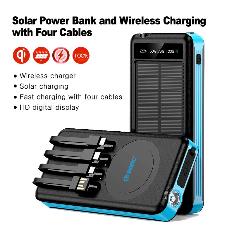 2023 New High Capacity Solar Power Bank Wireless Charger With 4 Cables Charger For Outdoor Camping