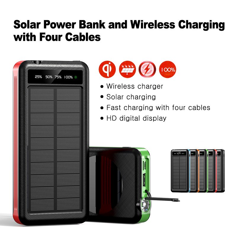 2023 New High Capacity Solar Power Bank Wireless Charger With 4 Cables Charger For Outdoor Camping