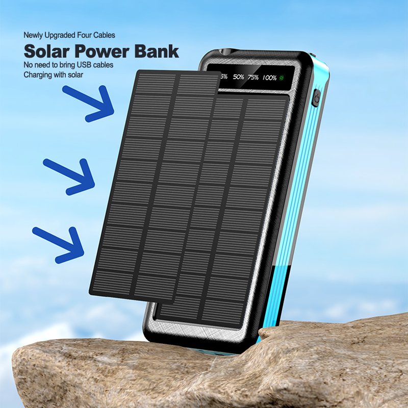 2023 New High Capacity Solar Power Bank Wireless Charger With 4 Cables Charger For Outdoor Camping