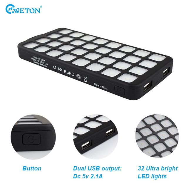 High Capacity Power Bank 8000mAh with 32 Flashlights dual usb Output Mobile Charger Solar Power Bank