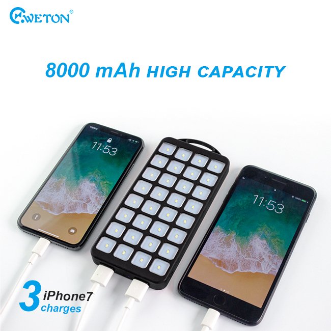 High Capacity Power Bank 8000mAh with 32 Flashlights dual usb Output Mobile Charger Solar Power Bank