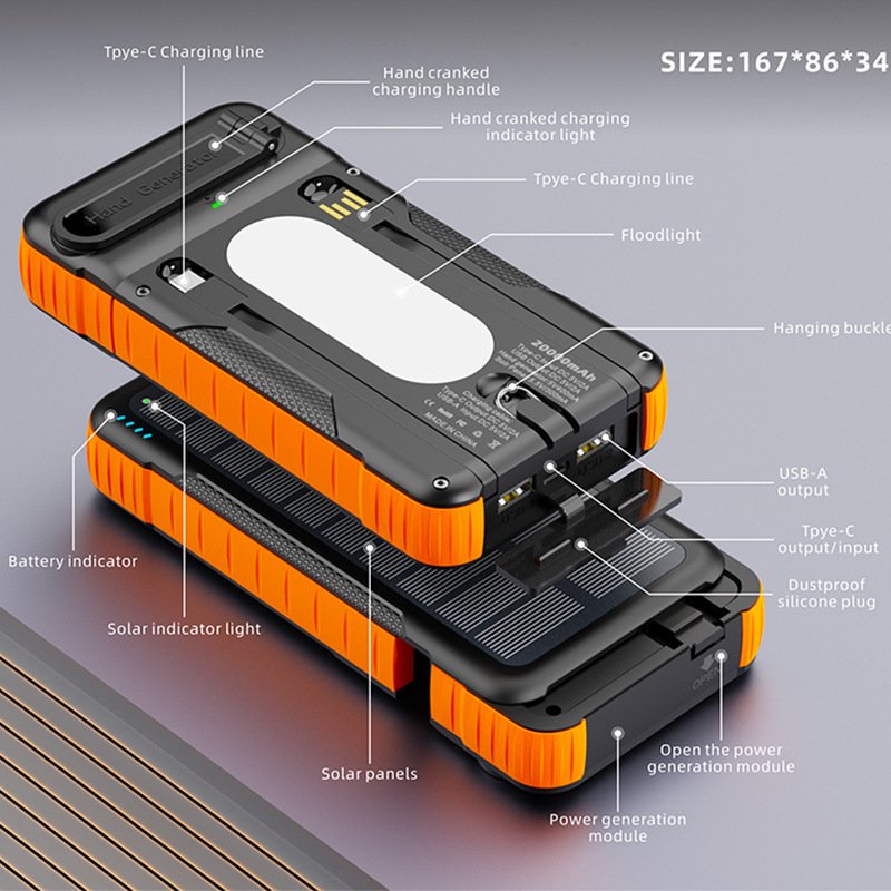 New Detachable split type power bank with solar Hand cranked charging large capacity three proof outdoor emergency portable