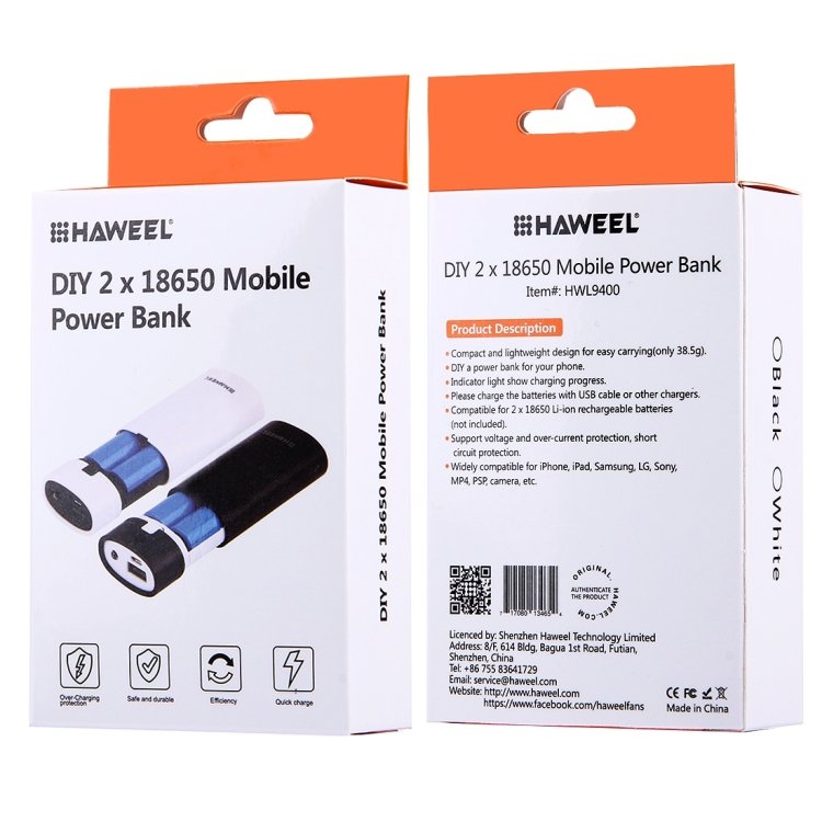 Factory Price HAWEEL Charger Shell DIY 2x18650 Battery 5600mAh Portable Power Bank Case