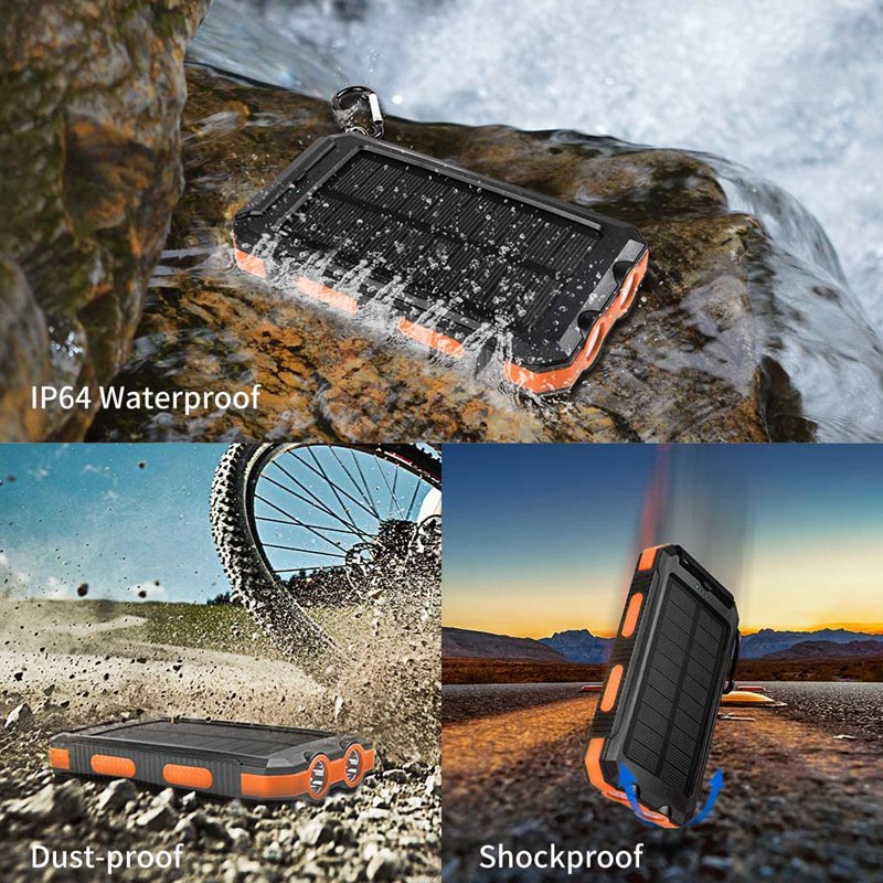 20000mah IP67 IPX6 Solar Power Bank Charger Waterproof Type C Input Port Dual Portable Solar Panel Charging for Cellphone