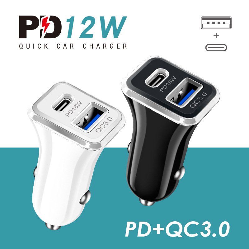 2021 high quality hot sale 12WPD+QC3.0 car charger 5V2.4A mobile phone charger for Apple, Samsung, Huawei LG HTC XIAOMI