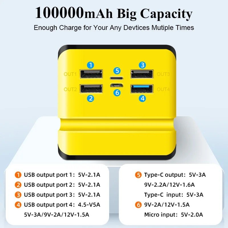 Waterproof large capacity 100000MAh solar charger Outdoor camping 4USB interface multi-functional charging bank