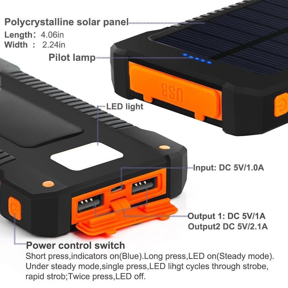 2022 Top Sell Solar Power Bank Waterproof 20000mAh Solar Charger 2 USB Ports External Battery Charger Phone Poverbank with Light