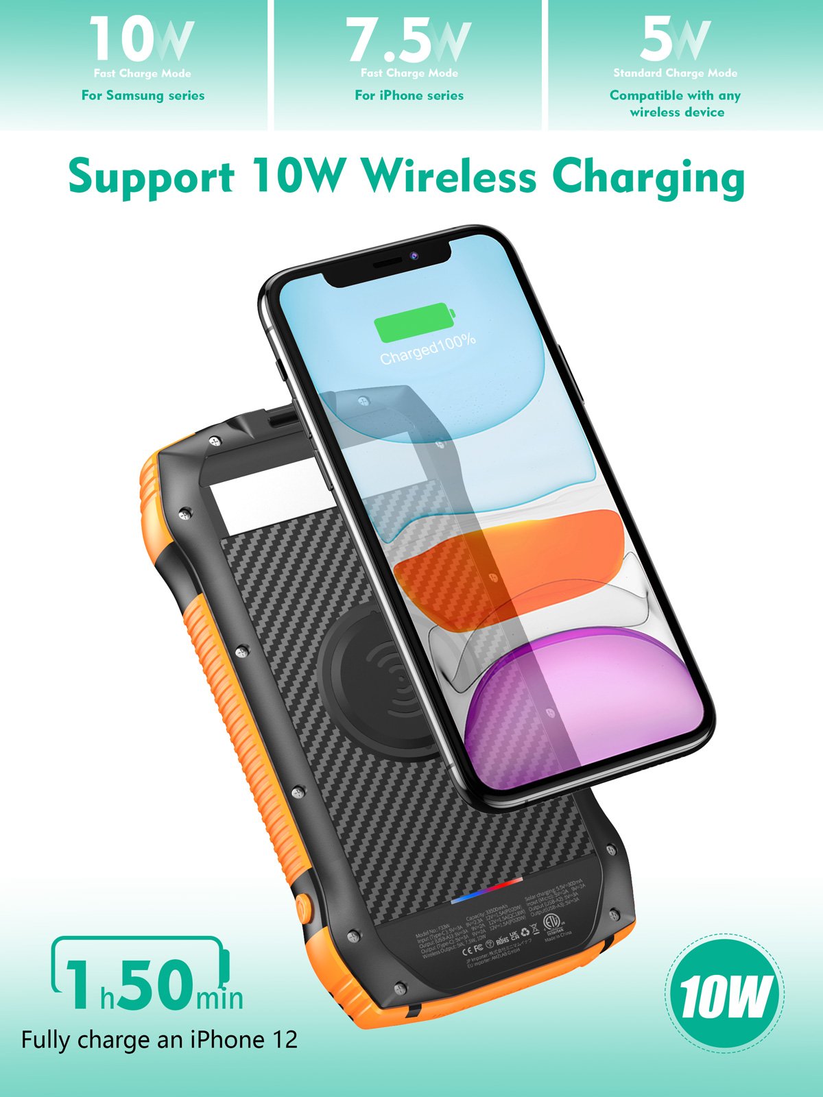 20000mah Solar Power Bank Solar Smart Portable Mobile Charger Power Bank with Light Supply Waterproof Wireless Charge 20000mah