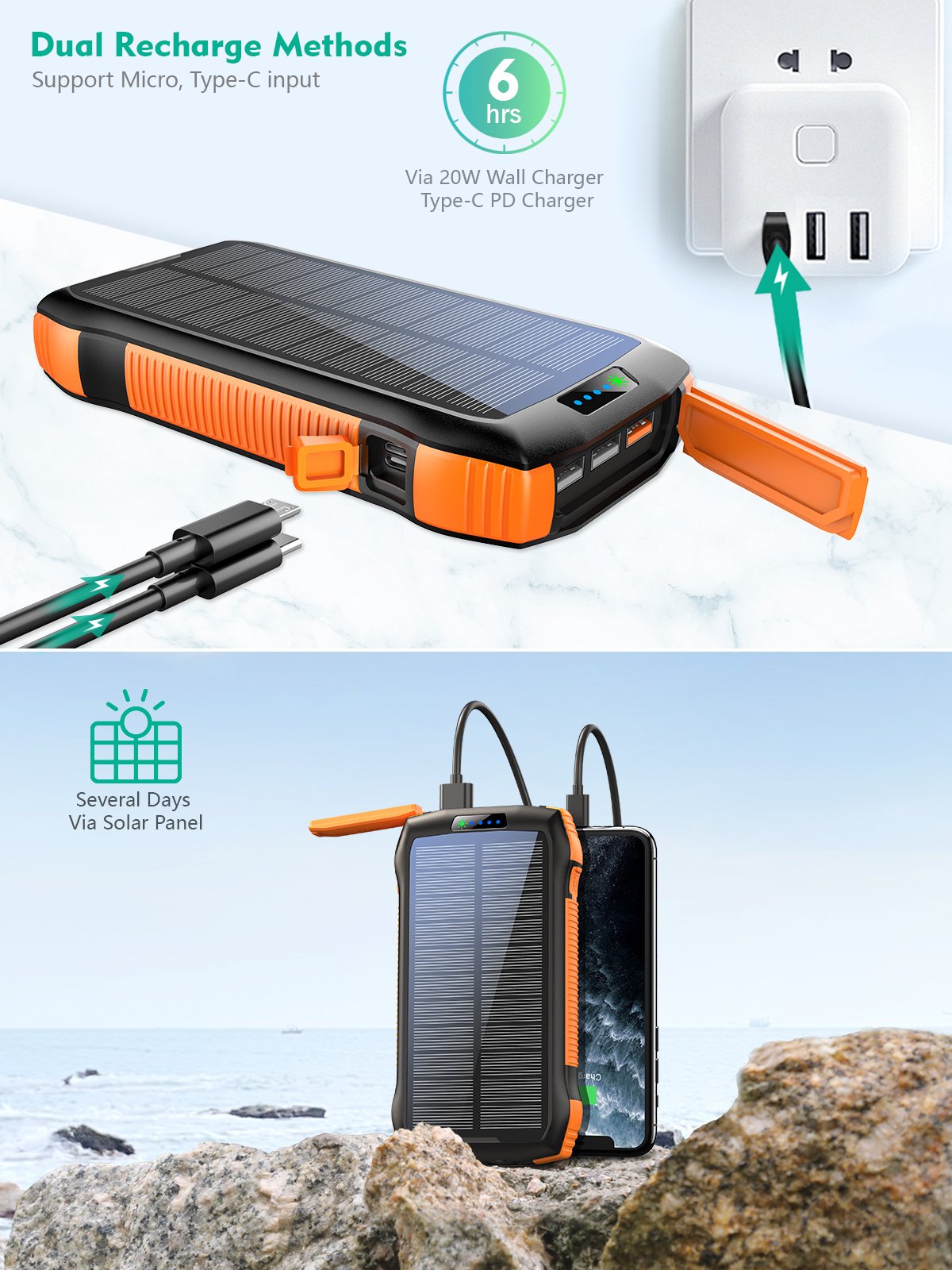 20000mah Solar Power Bank Solar Smart Portable Mobile Charger Power Bank with Light Supply Waterproof Wireless Charge 20000mah