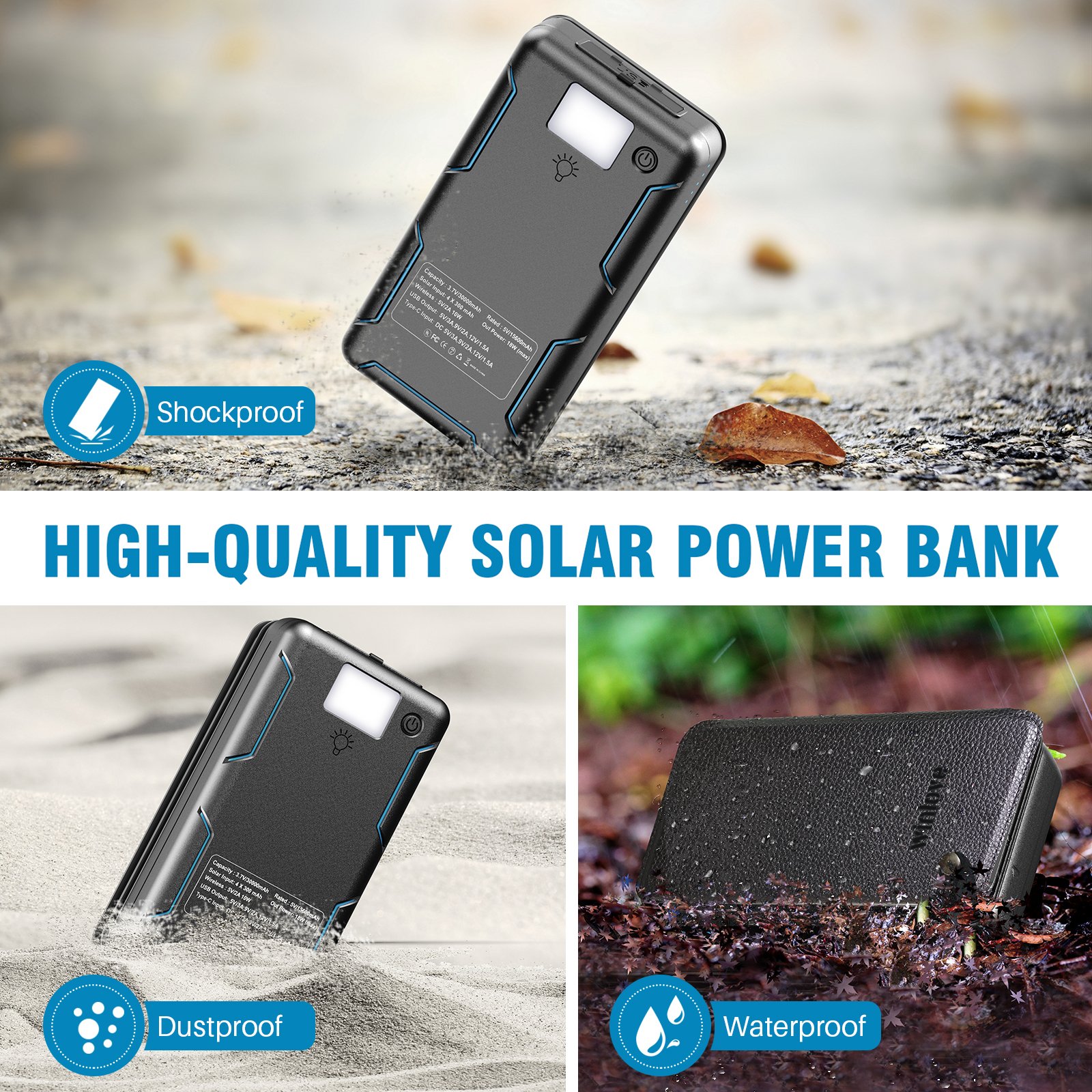 SS015 20000mAh 4 solar panels portable power bank PD20W wireless fast charging portable solar power bank with light