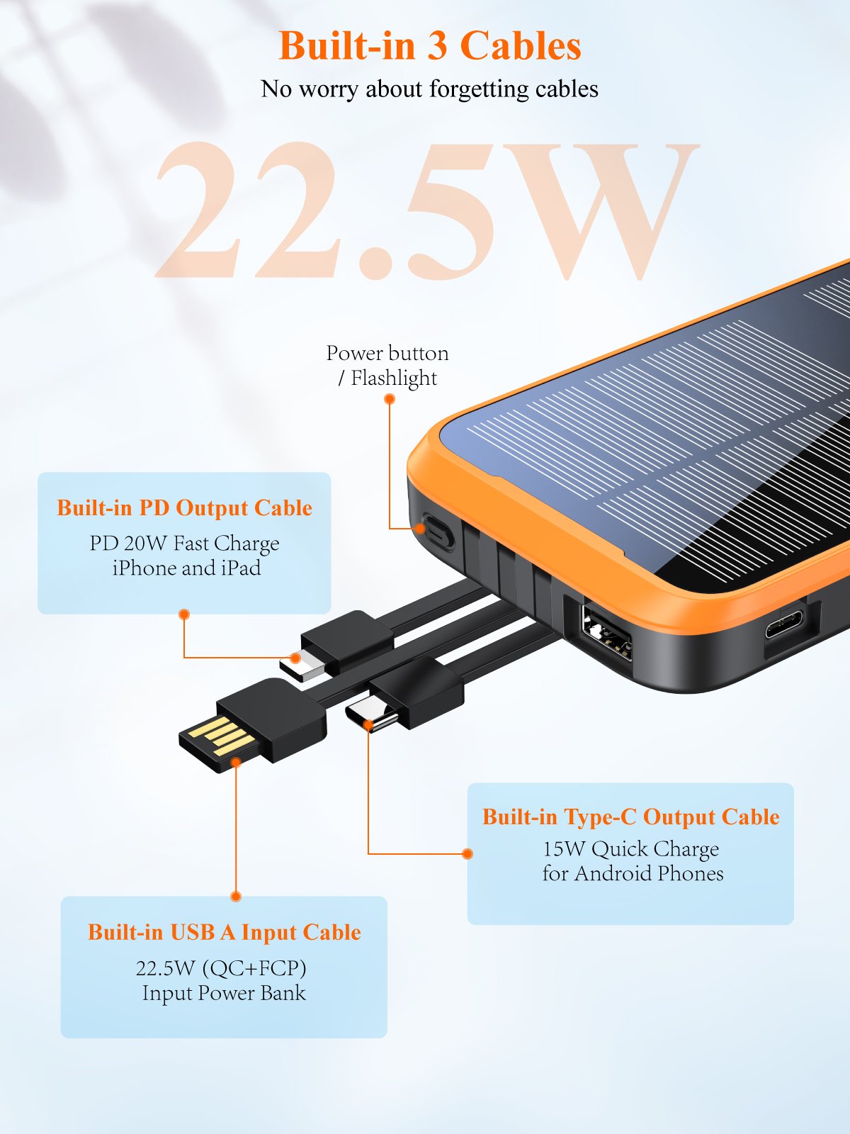 Products 2024 New OEM 3 In 1 Wireless Charge PD22.5W Built-In Cable Large Capacity 38800mAh Portable Solar Power Bank 20000mAh