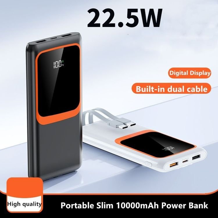 Hot Selling Powerbank 10000mah Led Light Large Window Built-in Cable Quick Charging Lanyard Powerbank