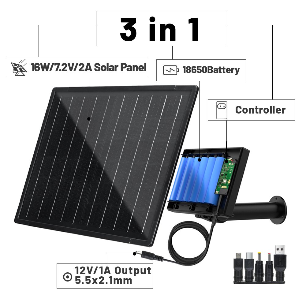Solar Panel For Security Camera Built In 18000mAh Battery DC Type C Plug 12V 16W Outdoor Waterproof IP67