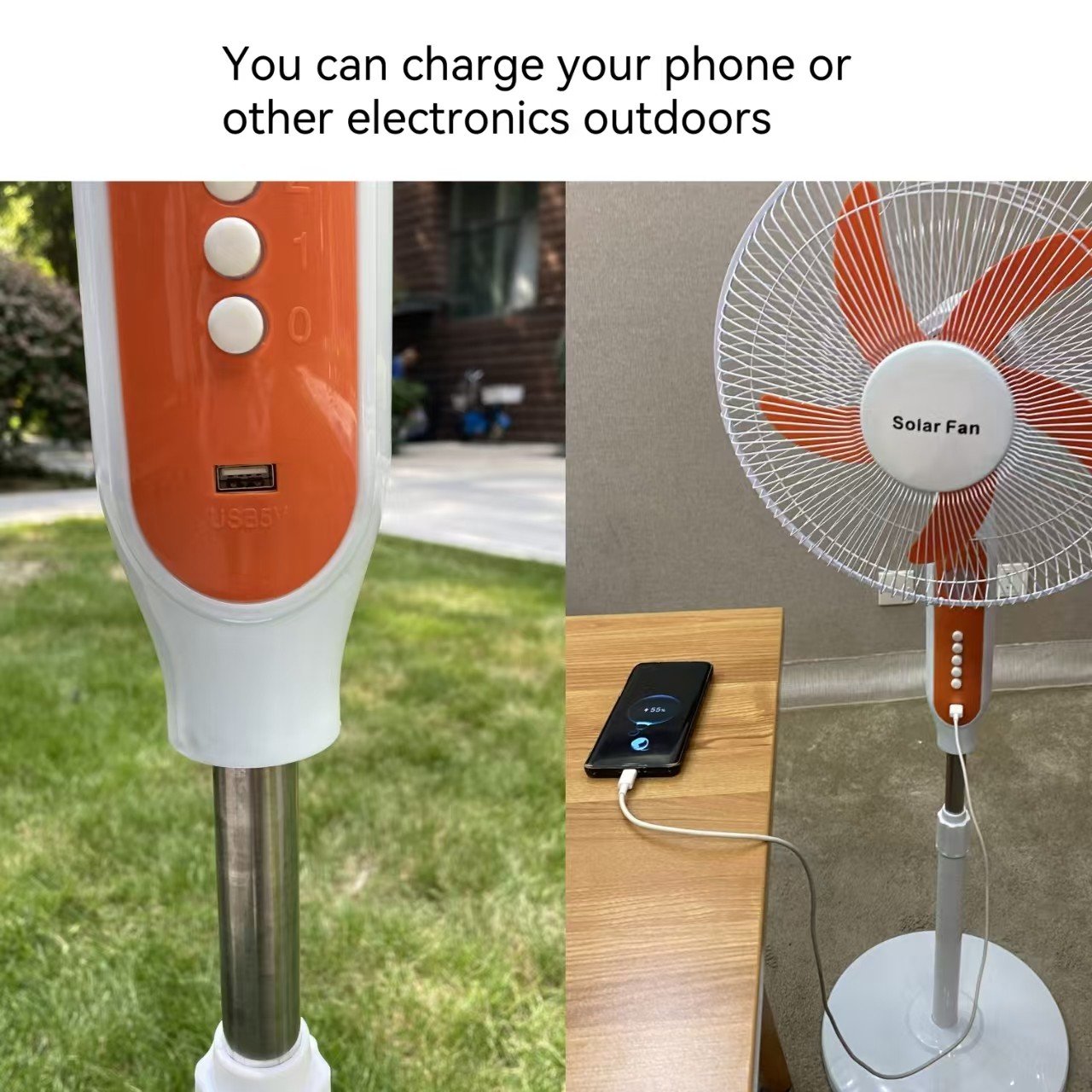 Air cooling appliance 16 inch solar electric fan AC DC adapter rechargeable stand fan DC table fan have LED light inside battery