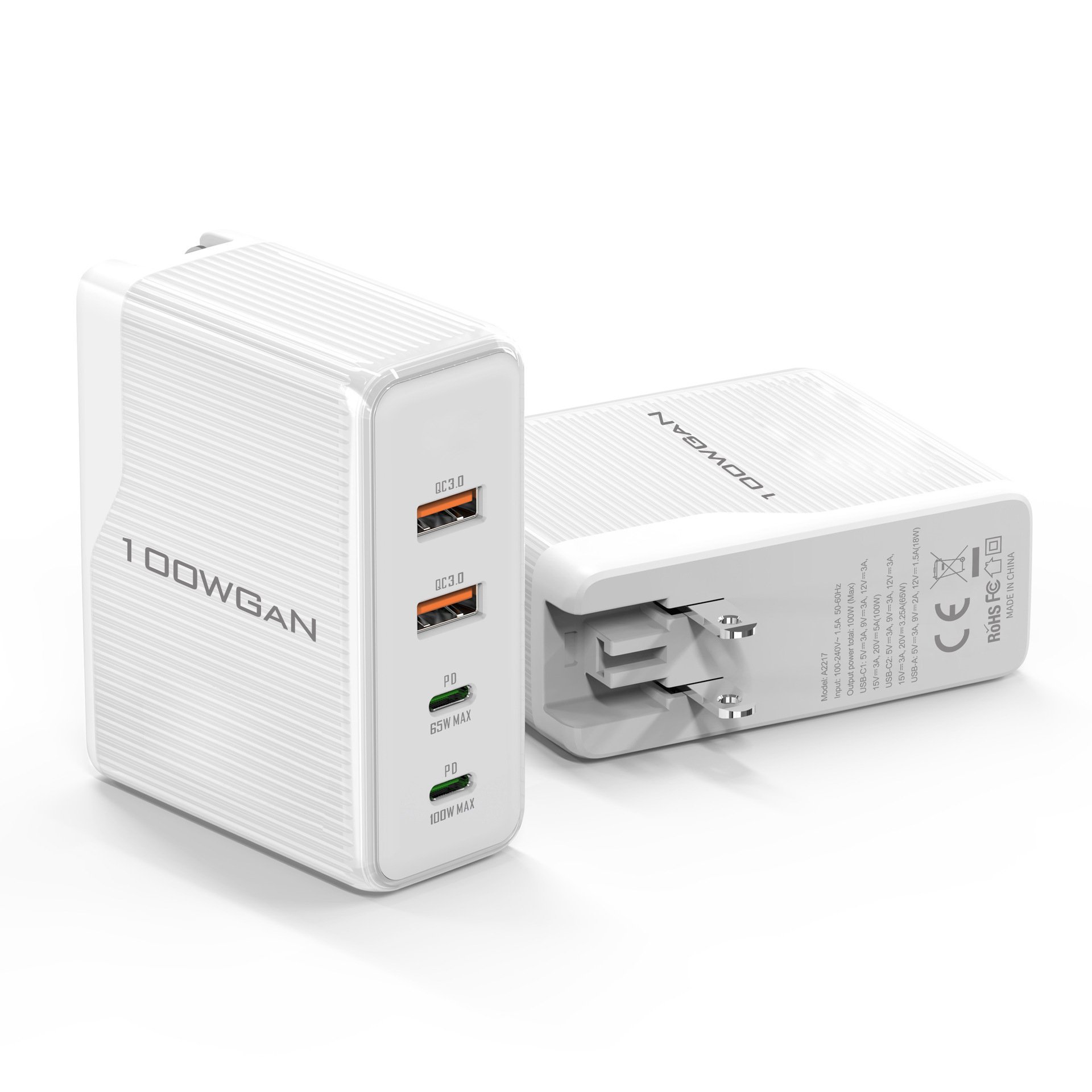 100W GaN Dual PD Multifunctional Wall Fast Charger Usb C PD Adapter Dual USB QC3.0 Power Charger With Travel Charging Plug