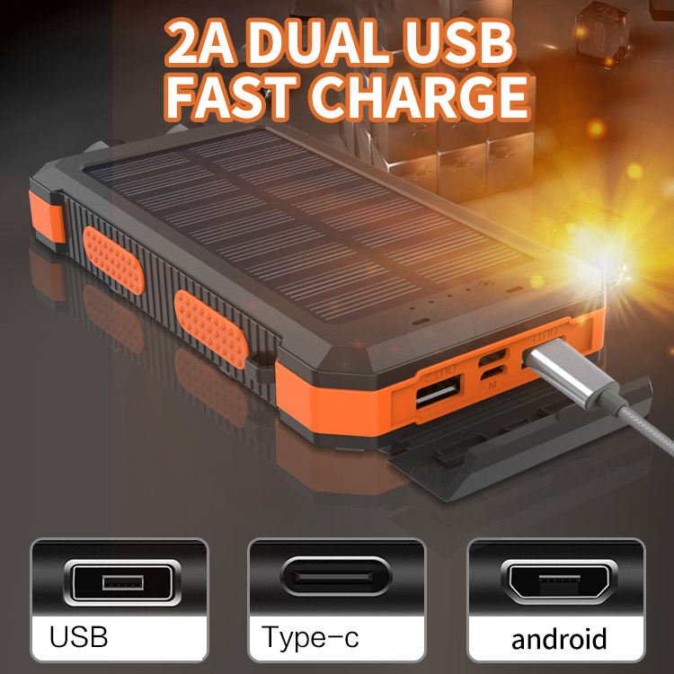 IP68 Waterproof Solar Power Bank Dual USB Port 10000mah Solar Charger with LED Light
